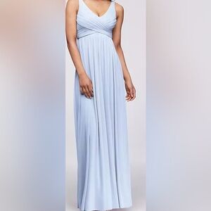 David Bridal long blue Bridesmaid dress, mesh , Swooping cowl back sleeve less